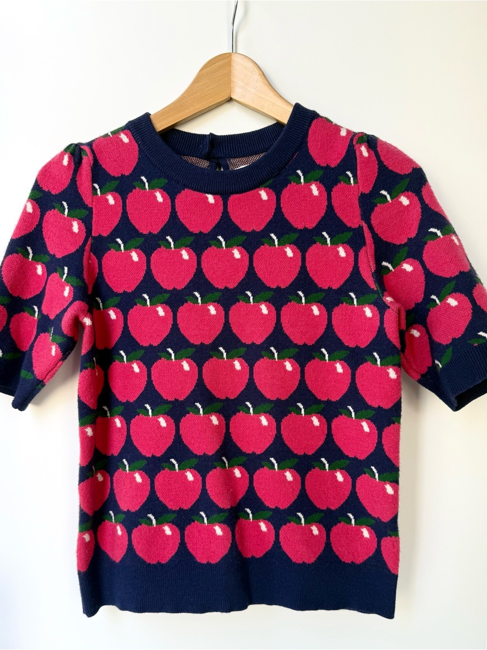 Anthropologie Navy & Pink Apple Pattern Knit Top